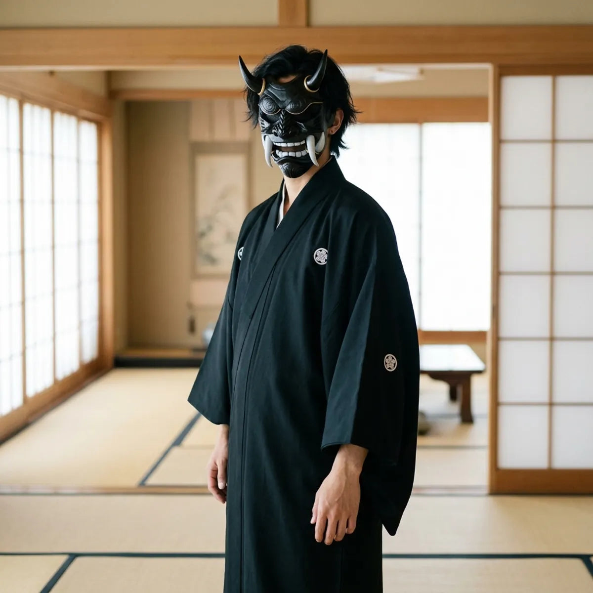 A person standing in a samurai-style outfit wearing the black oni demon mask with its glossy lacquered finish and gold trim.