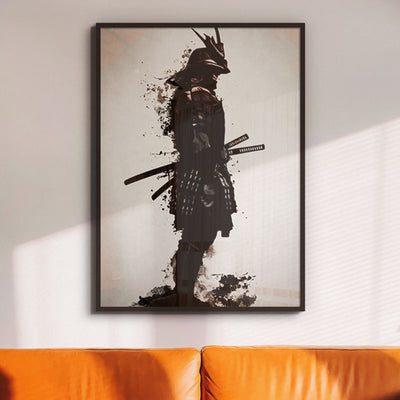 A large samurai poster art symbolizing the shadow of a Japanese warrior in armor. The frame of the painting hangs on the wall of a room