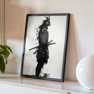 A samurai poster with a katana and Japanese warrior armor. The poster is in a black frame on a shelf.