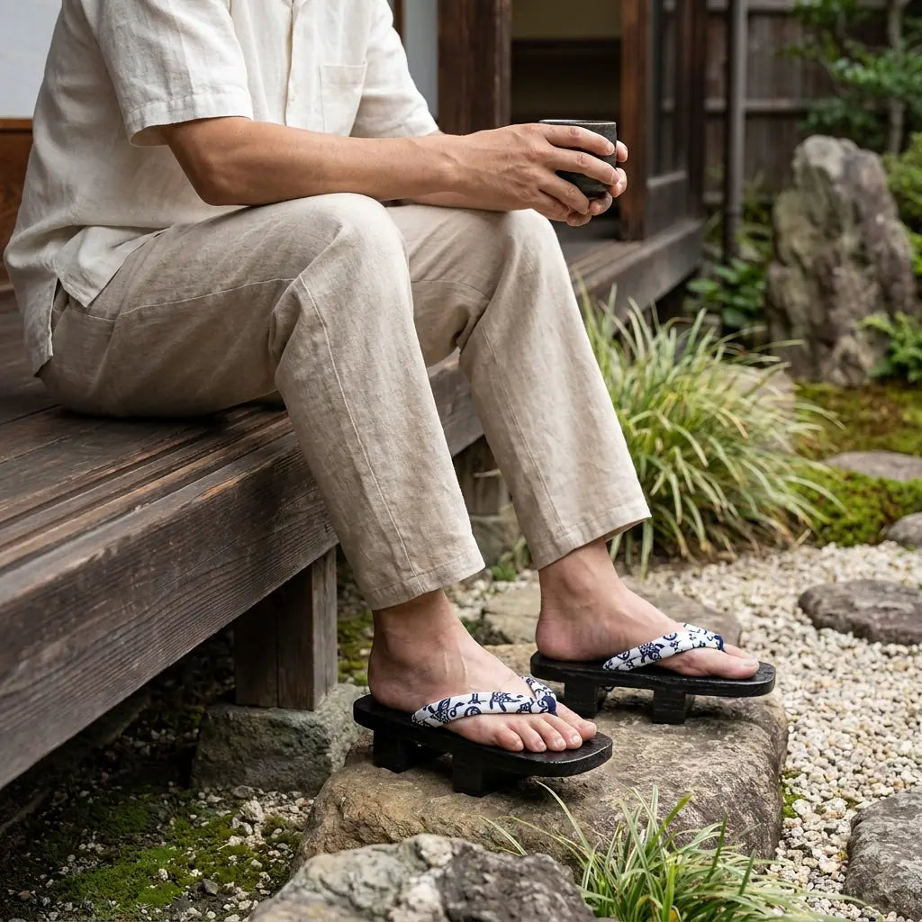 Sandal Japanese Wood worn with white tabi socks outdoors