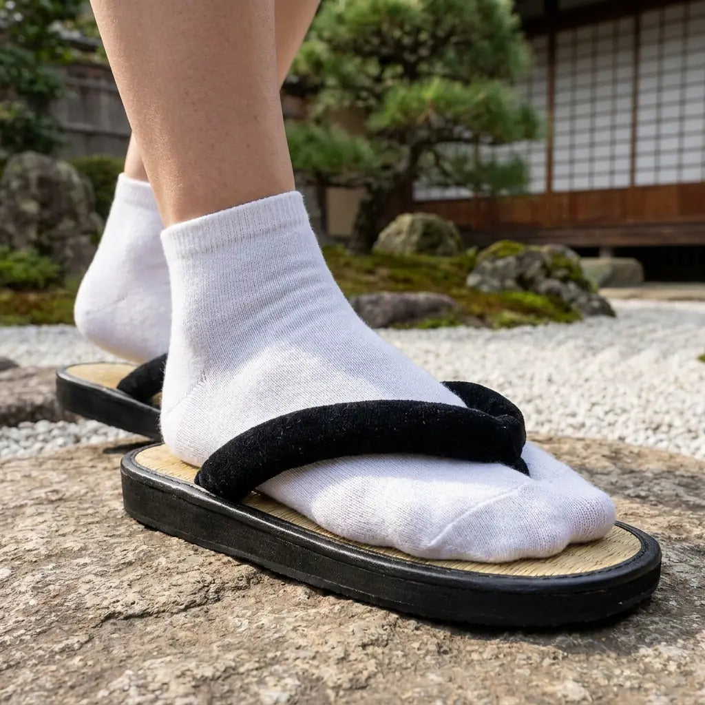 Sandals Japanese worn with white tabi socks on a garden stone