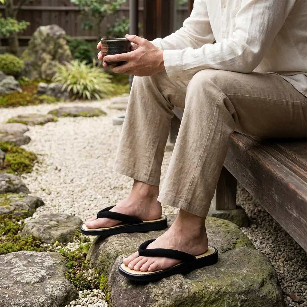 Sandals Japanese worn with white tabi socks by a seated man in a Japanese garden