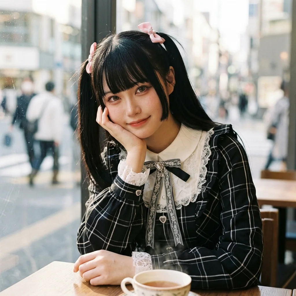 The fairy sweet dress worn in a small Tokyo café, one hand resting on the table