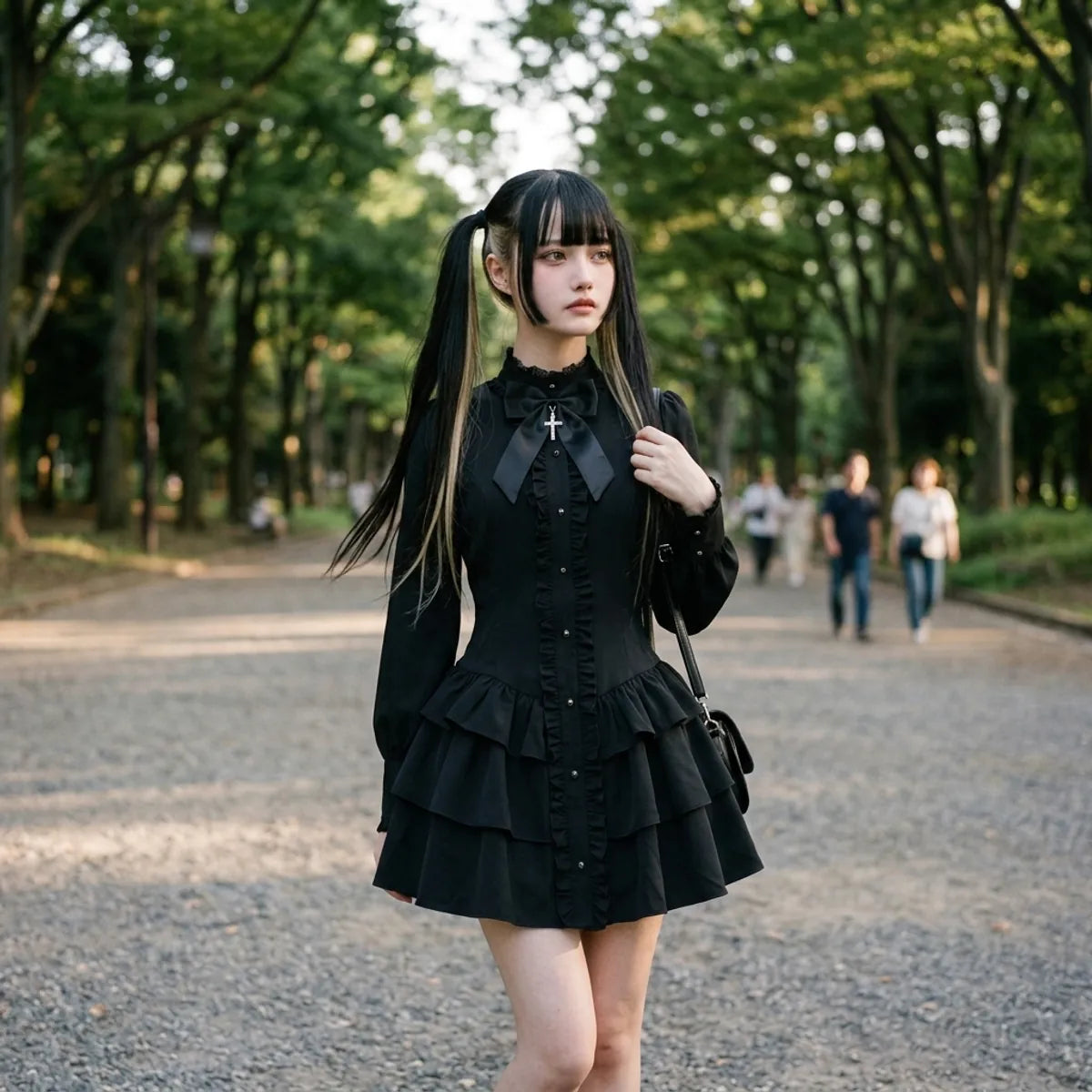 The Japanese gothic punk dress under the roof of a Tokyo shopping arcade in the evening