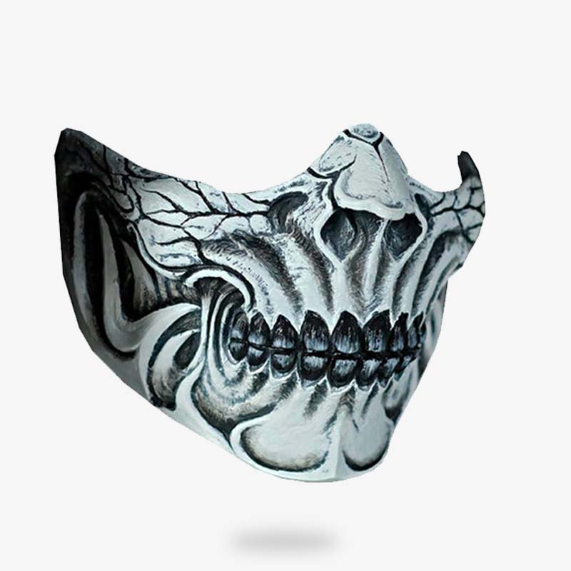 the shinigami face mask is colored with white paintings. It looks like a white skull face