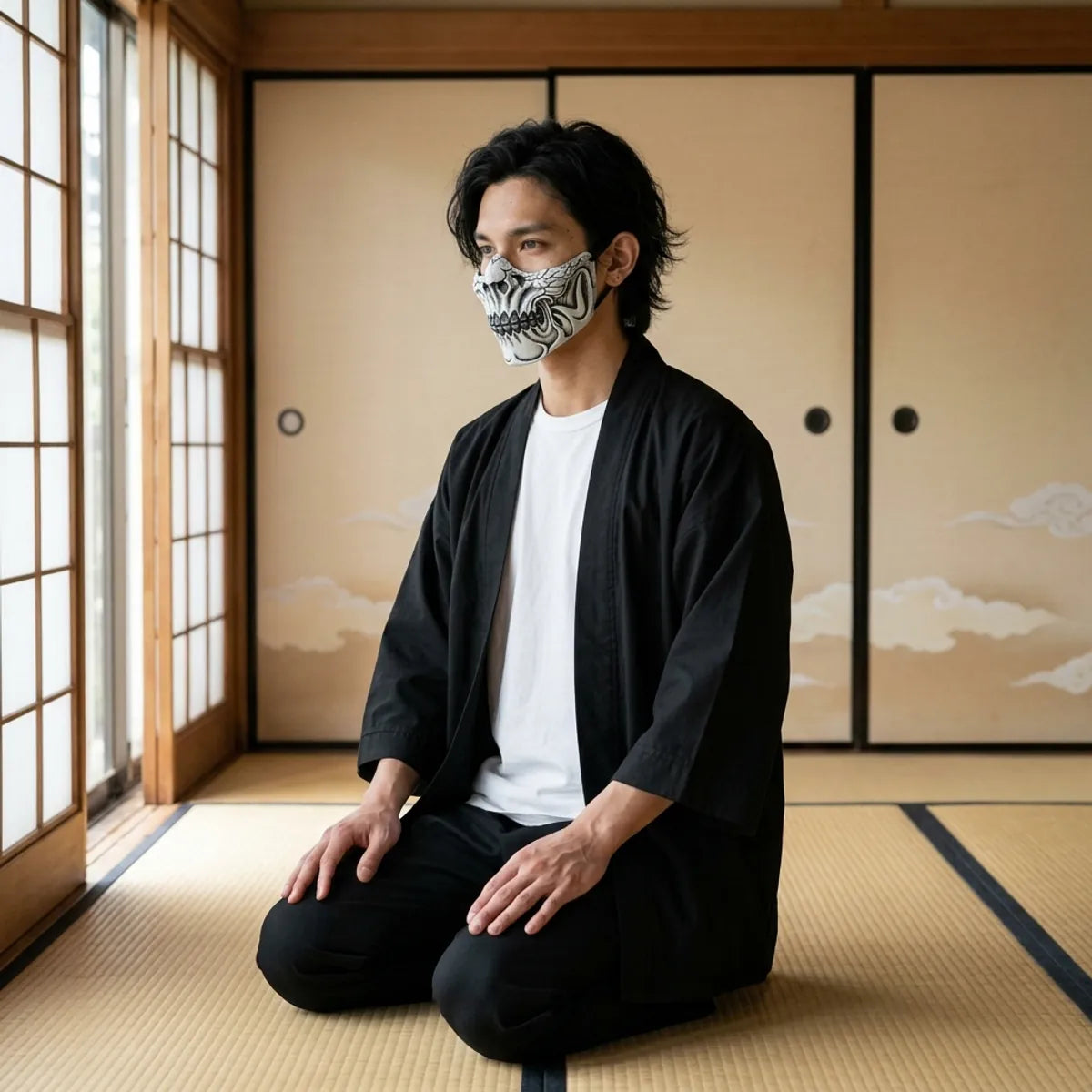 Shinigami skull mask seen in profile, the cracked cheek and skeletal teeth, worn while kneeling on tatami