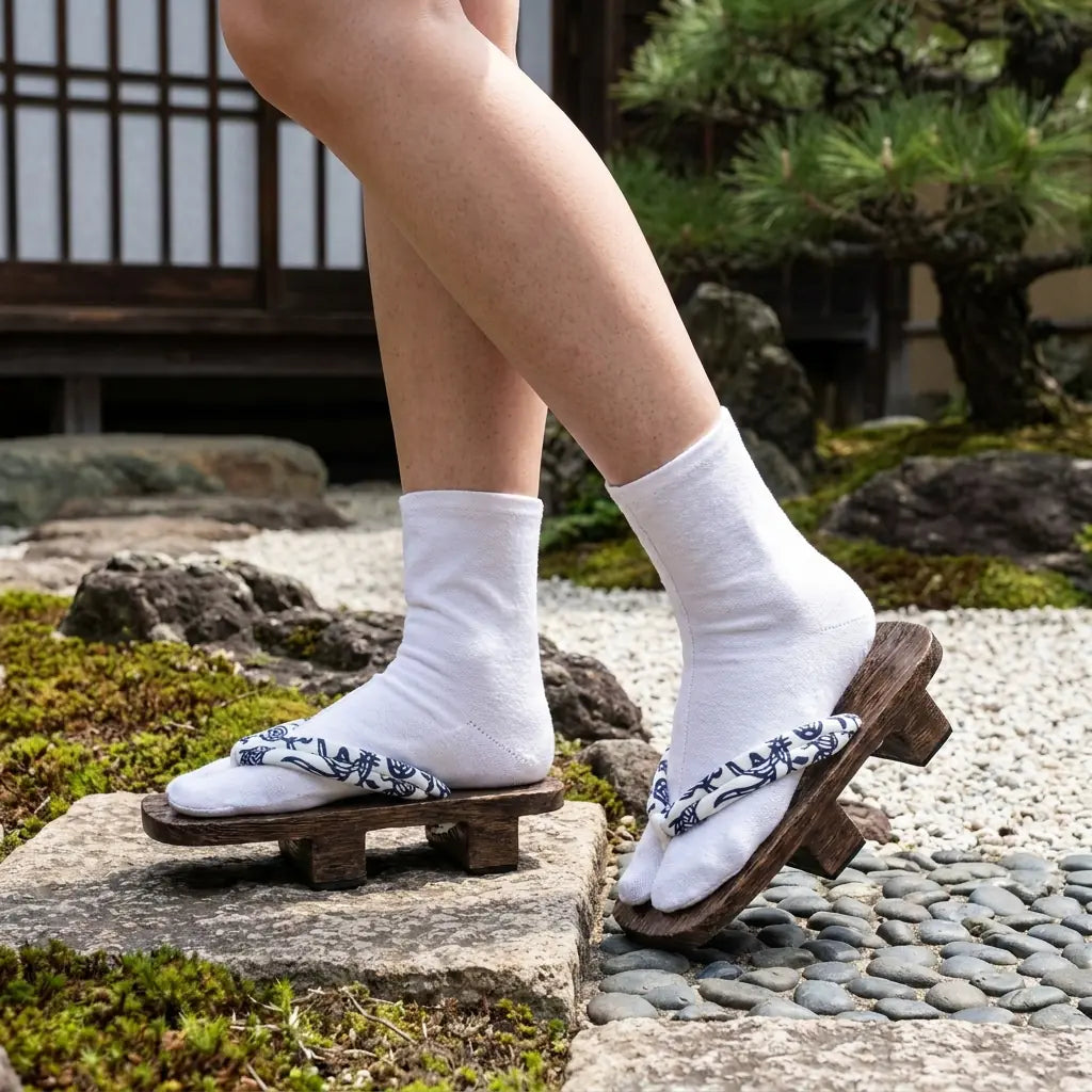Shoe Japanese Wood geta sandal with white hanao strap in a Japanese garden