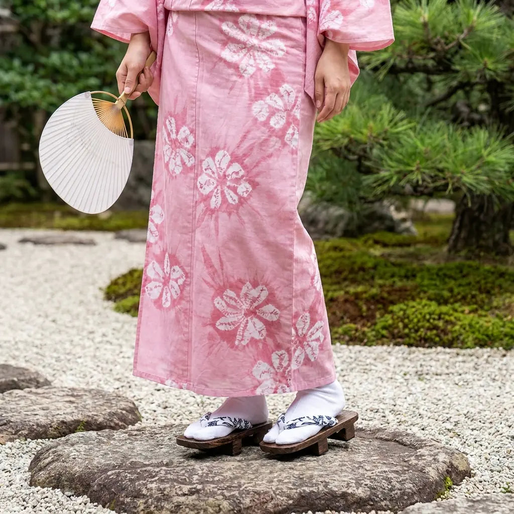 Shoe Japanese Wood worn with a pink kimono in a Japanese garden