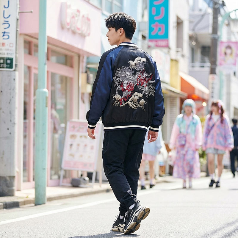 Person wearing a black souvenir jacket with a Japanese Kirin design walking on a Harajuku street in an urban setting.