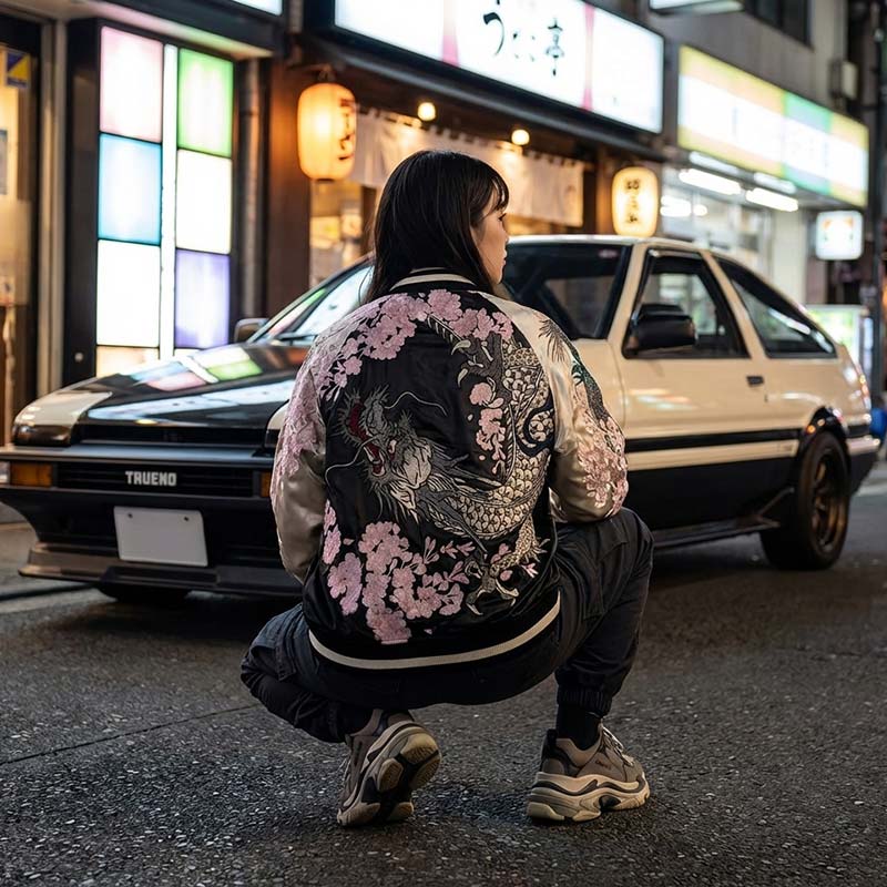 woman wearing a floral and dragon design jacket squatting in front of a car on a Japanese street.