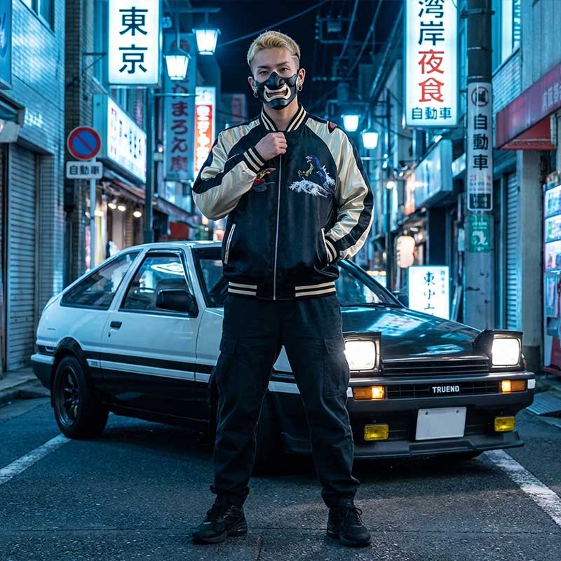 Person in a stylish outfit with souvenir jacket standing in front of a classic Trueno car on a Tokyo neon-lit street in Tokyo.
