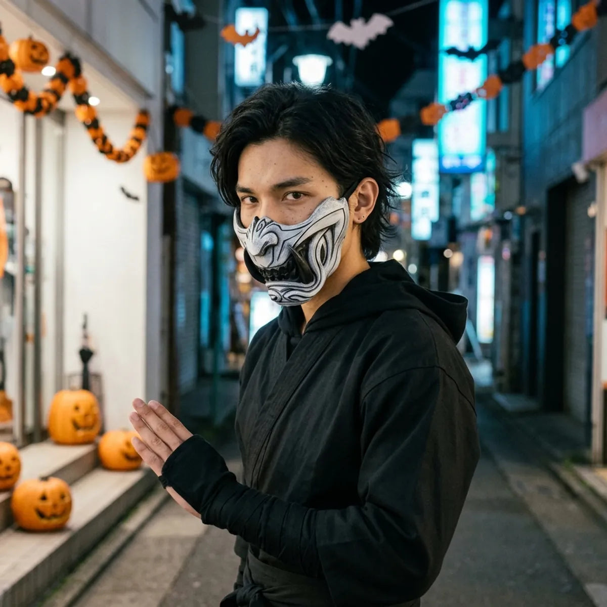 Pale grey oni half mask worn at night for Halloween, blue Tokyo neon behind