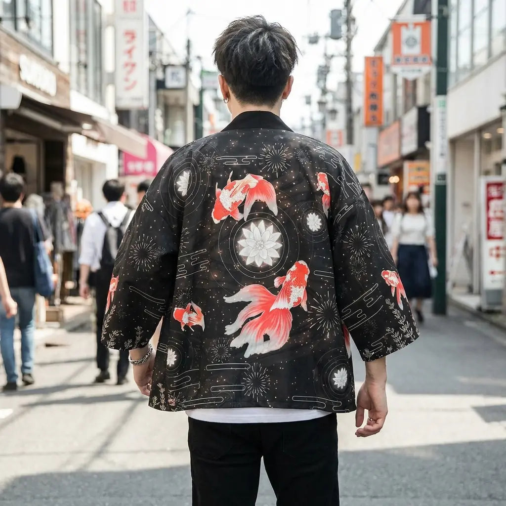 Back view of a street haori worn in a Harajuku street, showing the full print