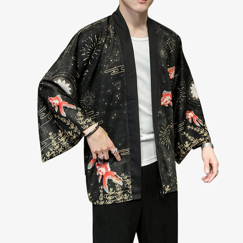 Person wearing a black street haori jacket kimono with red and gold designs on a white background