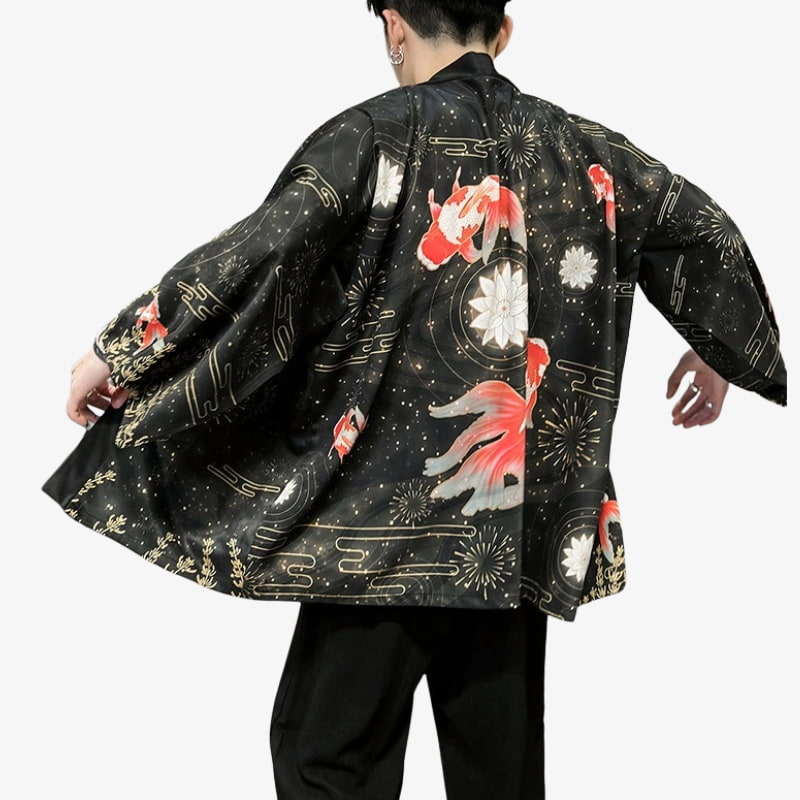 Person wearing a black street Haori kimono-style jacket with red and white floral patterns on a white background