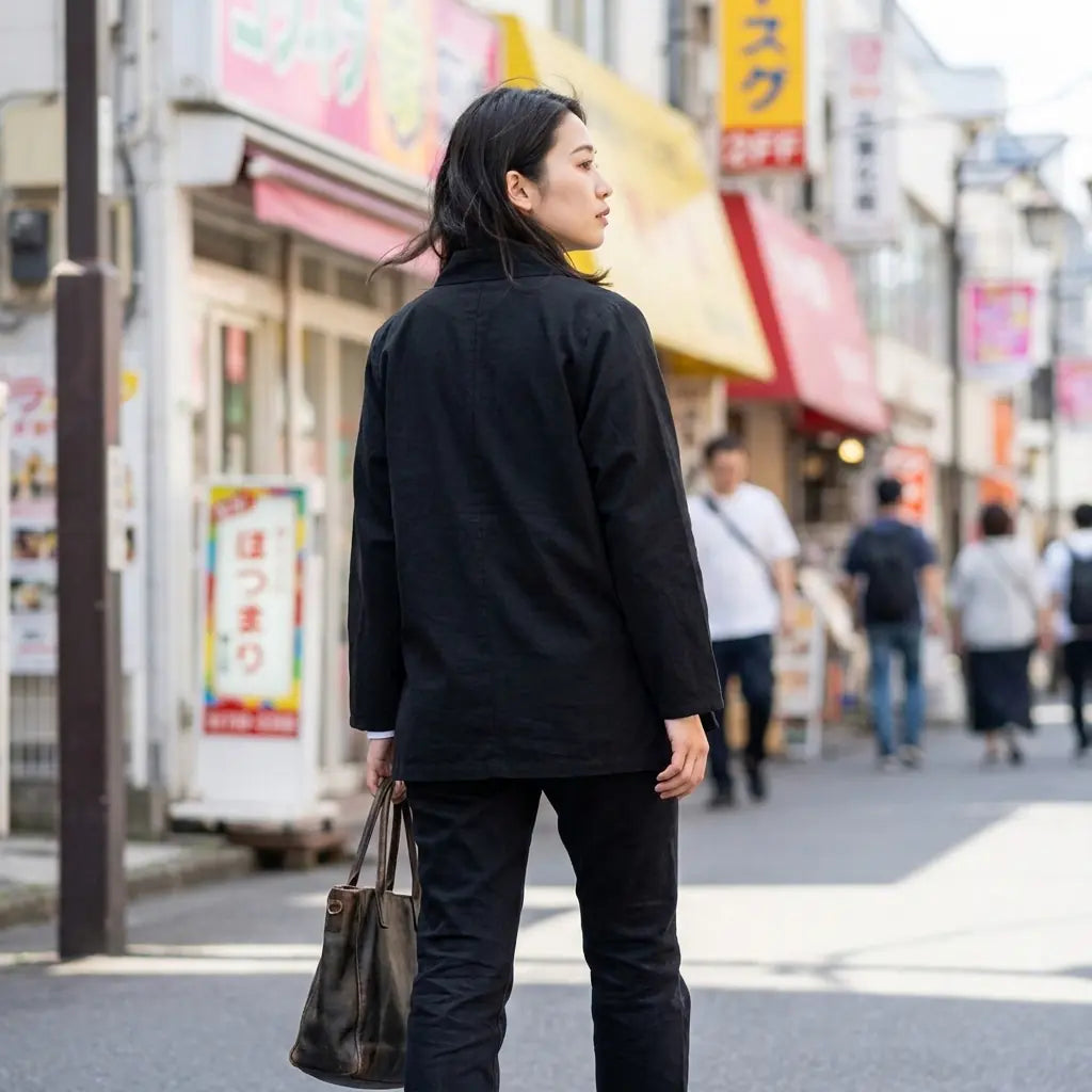 Woman seen from behind wearing a japanese samue in a Harajuku street
