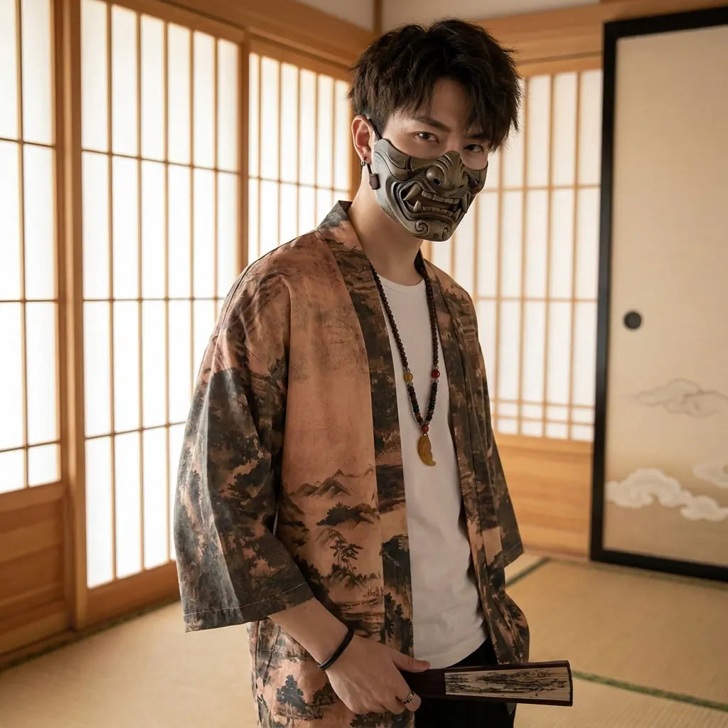 Man wearing a streetwear kimono in a Japanese washitsu room with shoji screens, waist-up front view