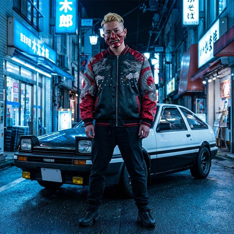 Person in a stylish sukajan jacket standing in front of a classic car on a Tokyo neon-lit street.