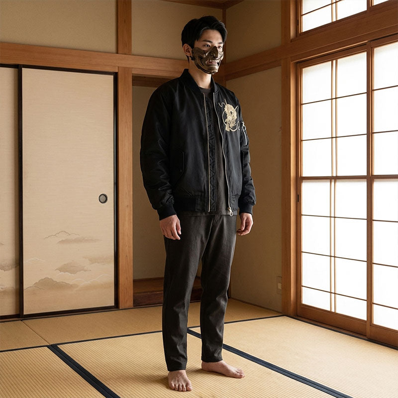 Man standing in a traditional Japanese room with tatami mats and sliding doors. And wearing a Sukajan Dragon Gold and a samurai oni mask hiding is face