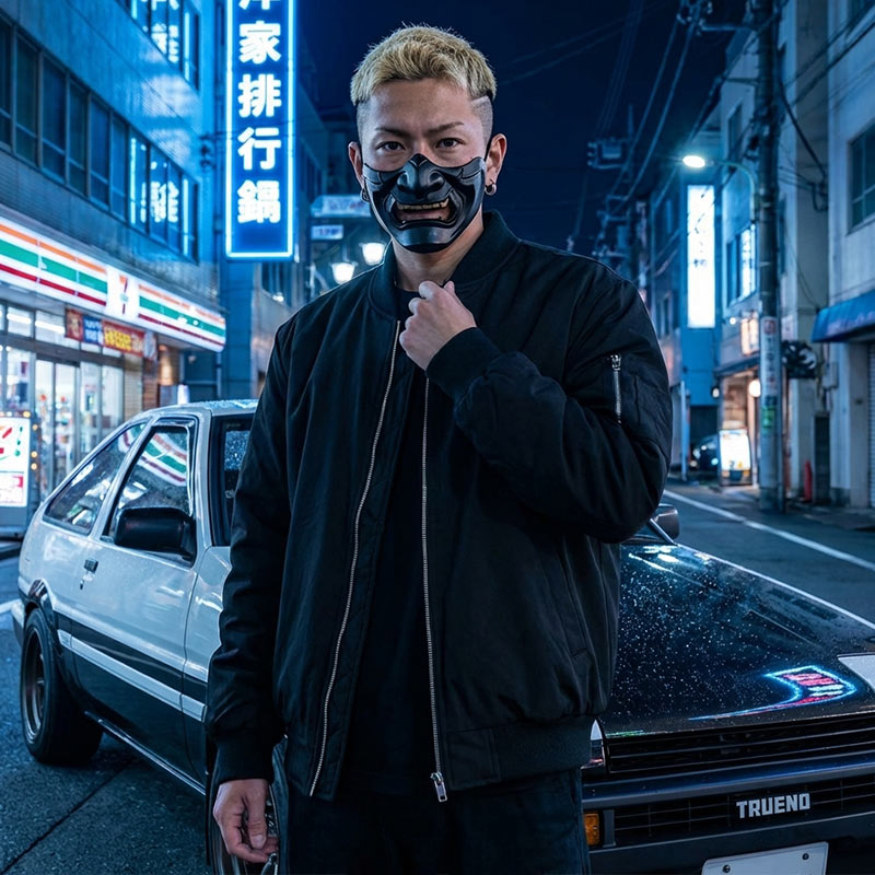 Man wearing a black japanese samurai mask in an urban street setting with neon signs and a car abd wearing a Black sukajan