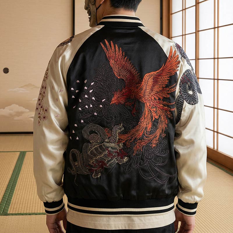 Person wearing a black and white sukajan jacket with a red and orange phoenix design in a traditional Japanese room.