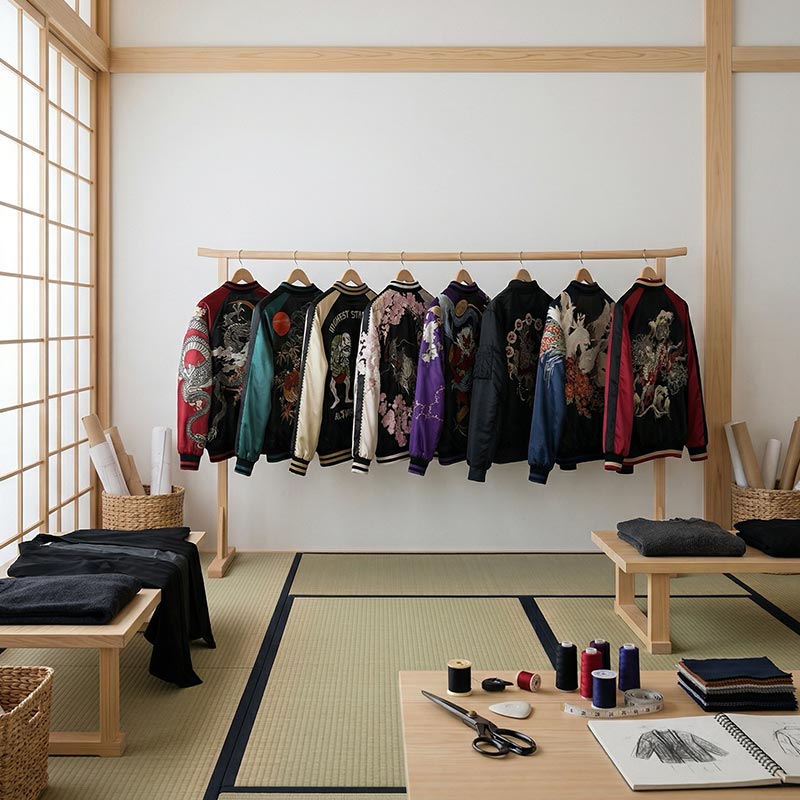 Traditional Japanese clothing on a rack in a room with tatami mats and wooden furniture.