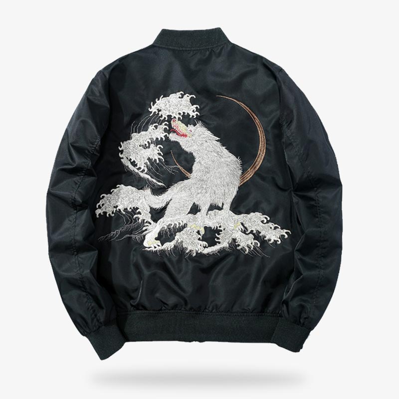 Unleash your wild side with the Sukajan wolf jacket, where intricate designs meet fierce animal motif. The wolf bomber is a black sukajan jacket with a Japanese Kanagawa wave motif.