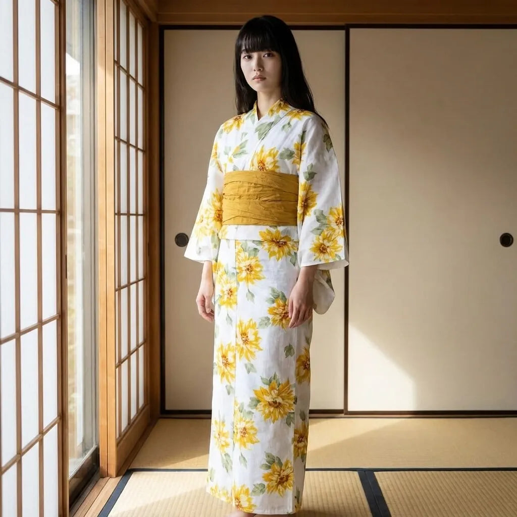 Sunflower yukata dress with large yellow himawari flowers on a light base