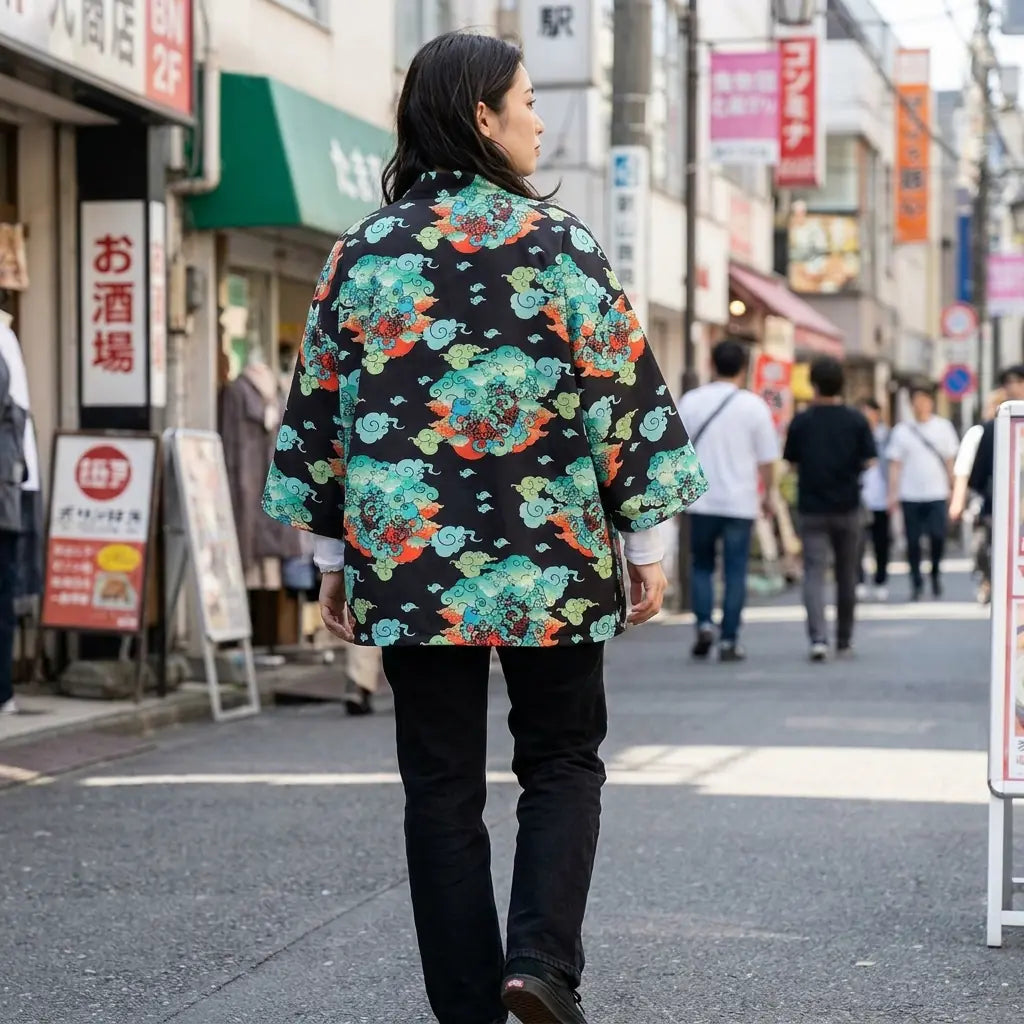 Woman seen from behind wearing a haori streetwear in a Harajuku street