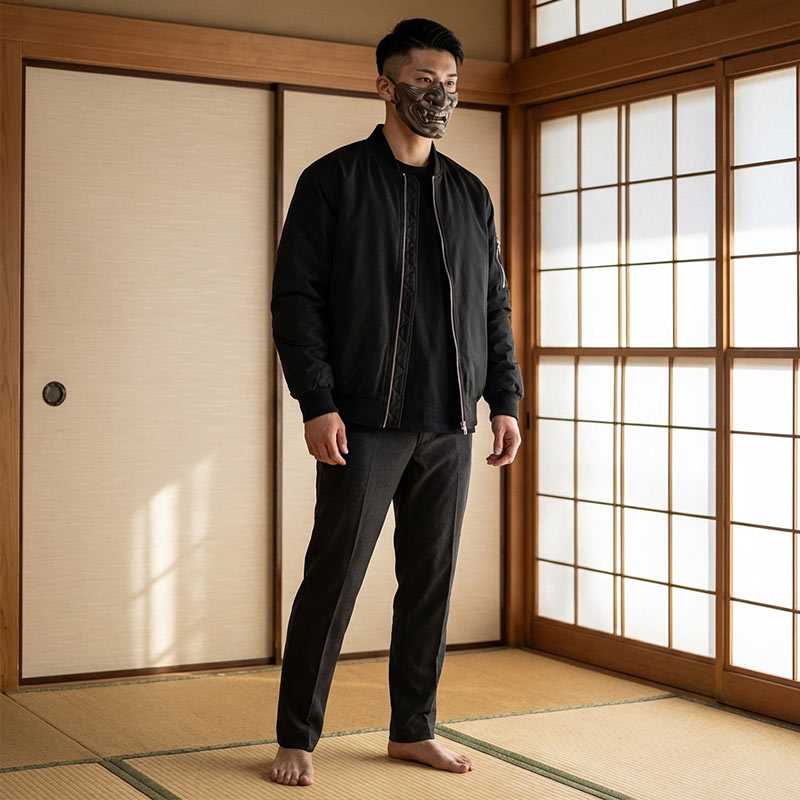 Man wearing a black souvenir jacket and pants standing in a room with wooden floors and sliding doors.