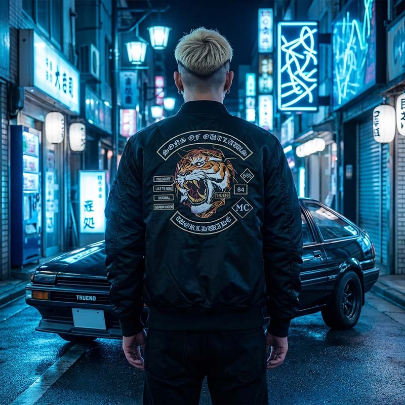 Man wearing a black souvenir jacket with a tiger emblem in a neon-lit Tokyo street.
