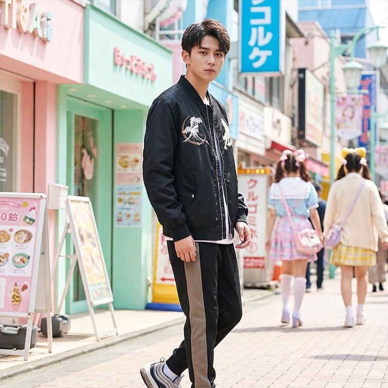 Man walking on a Harajuku street with colorful buildings and people in the background. He is wearing a tokyo Sukajan