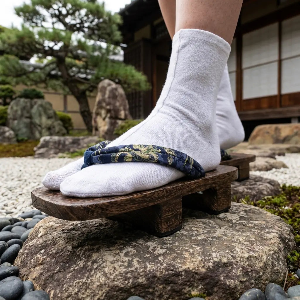 Close-up of the golden dragon motif on the navy hanao strap of the Tong Japan Geta