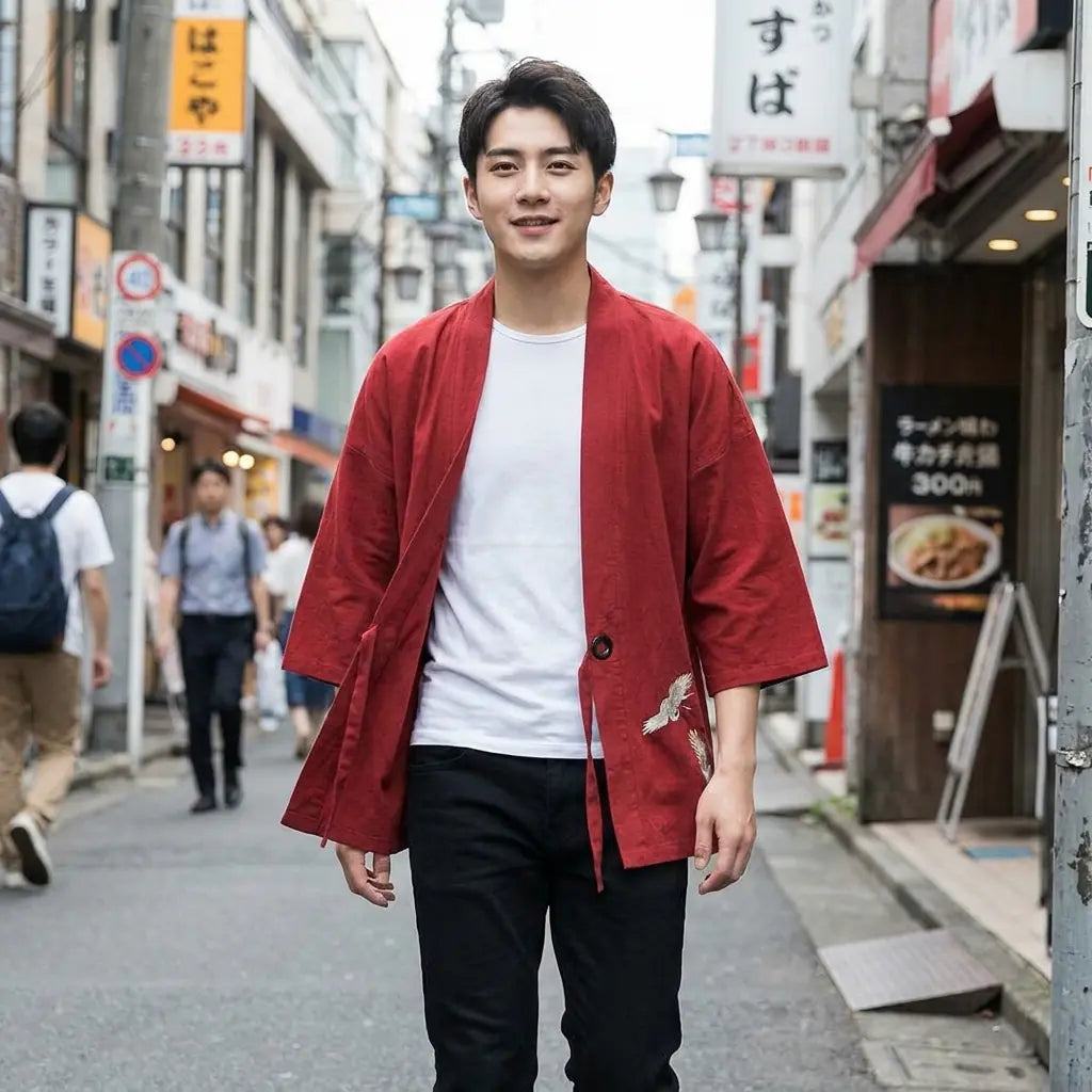 Man wearing a traditional haori in a Harajuku street in Tokyo, front view