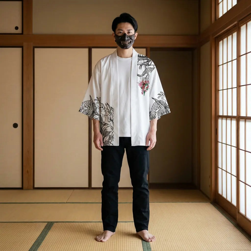 Man wearing a kimono oni in a traditional Japanese washitsu room, front view