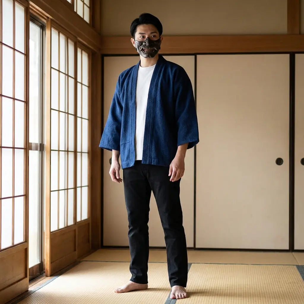 Man wearing a vintage haori jacket in a traditional Japanese washitsu room, front view