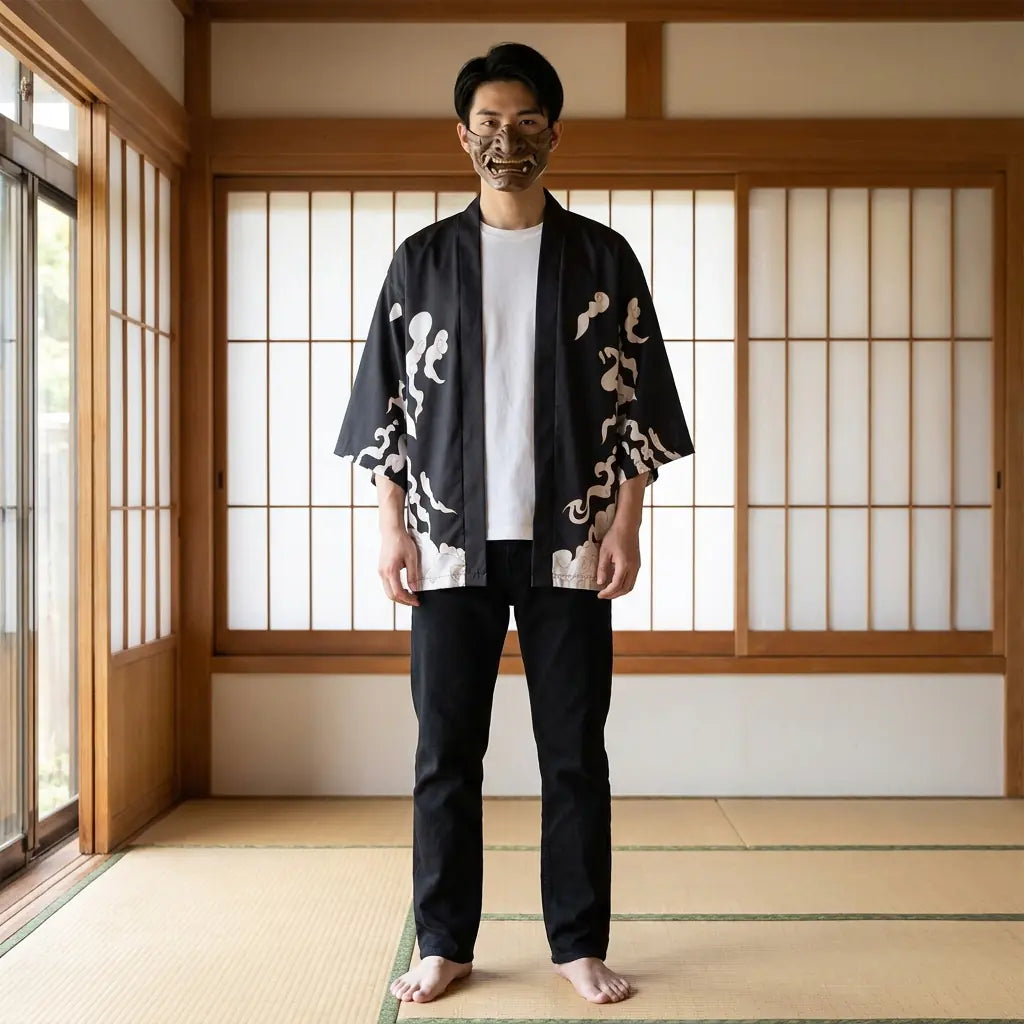 Man wearing a manga kimono in a traditional Japanese washitsu room, front view