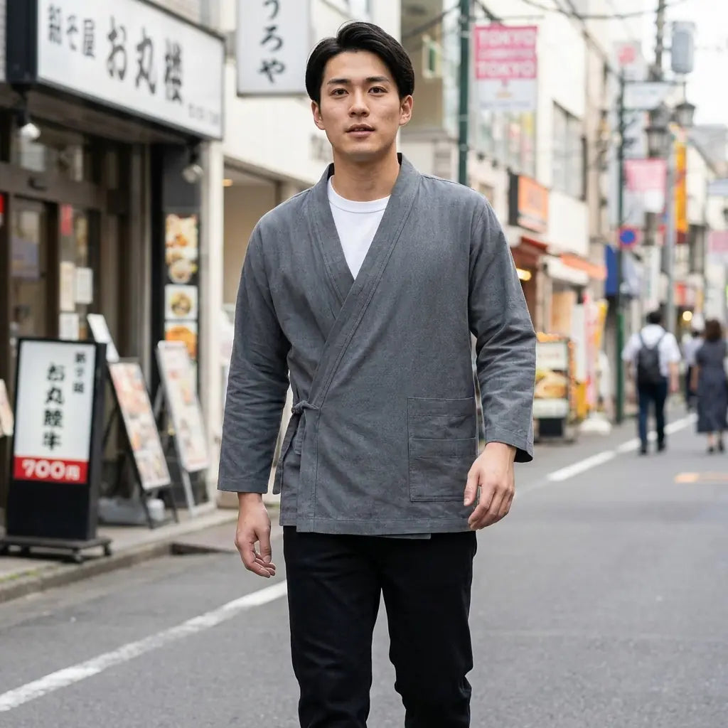 Man wearing a traditional japanese samue in a Harajuku street in Tokyo, front view