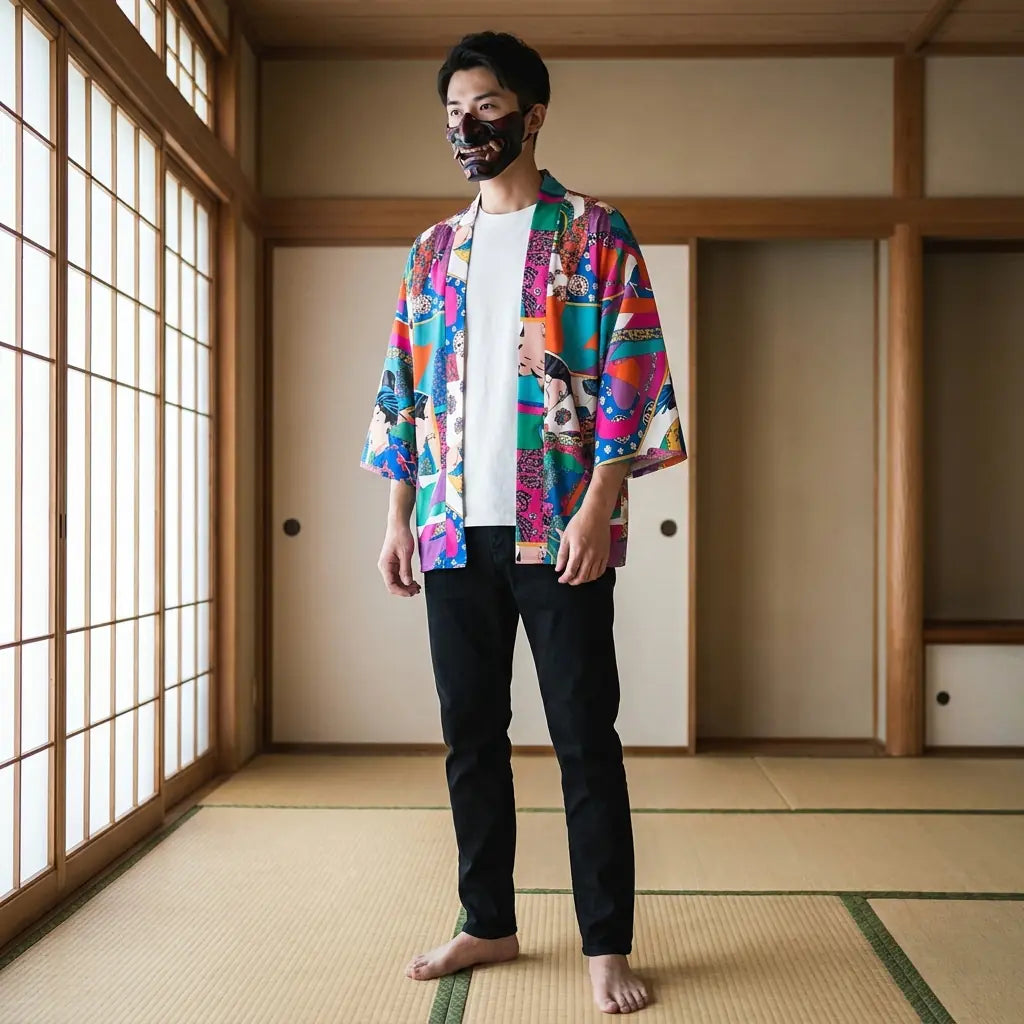 Man wearing a ukiyo-e kimono in a traditional Japanese washitsu room, front view