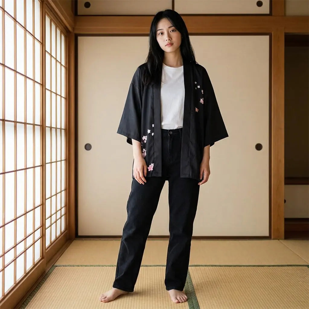 Woman wearing a mens floral kimono in a washitsu room with tatami and shoji screens