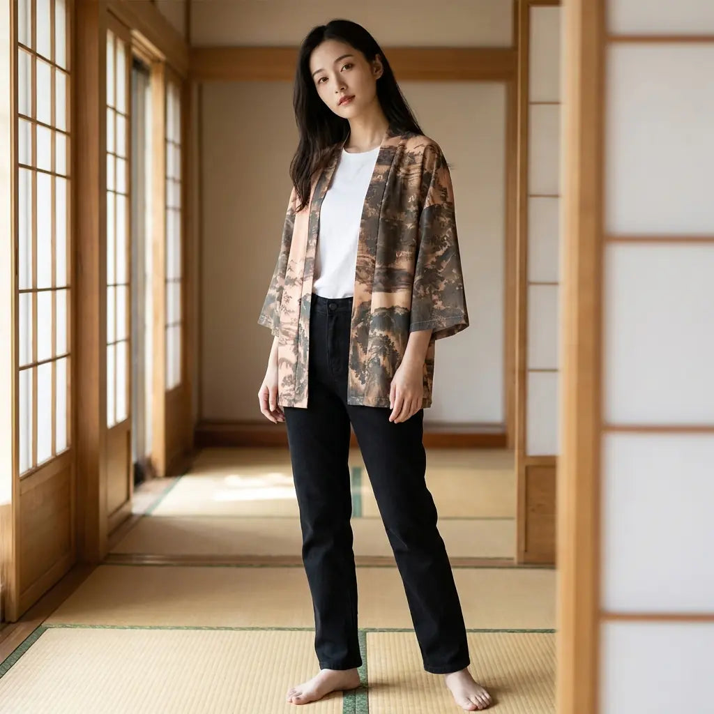 Woman wearing a streetwear kimono in a washitsu room with tatami and shoji screens