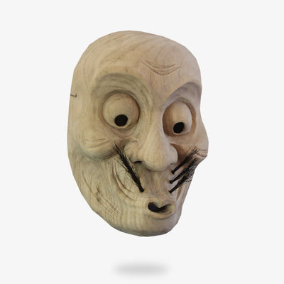 The usobuki mask is handmade by a craftma. Material used is wooden. It a japanese noh mask representing the face of an old man