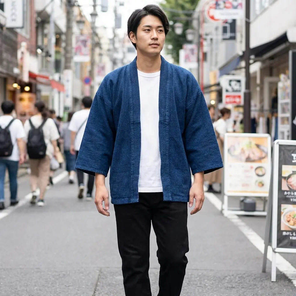 Man wearing a vintage haori jacket in a Harajuku street in Tokyo, front view