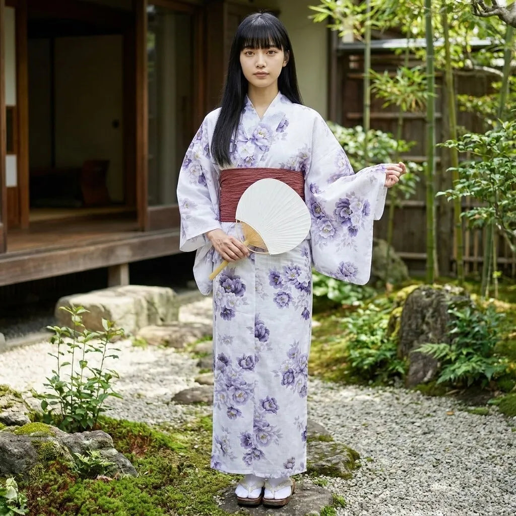 Detail of the botan peony motif on the white floral kimono sleeve