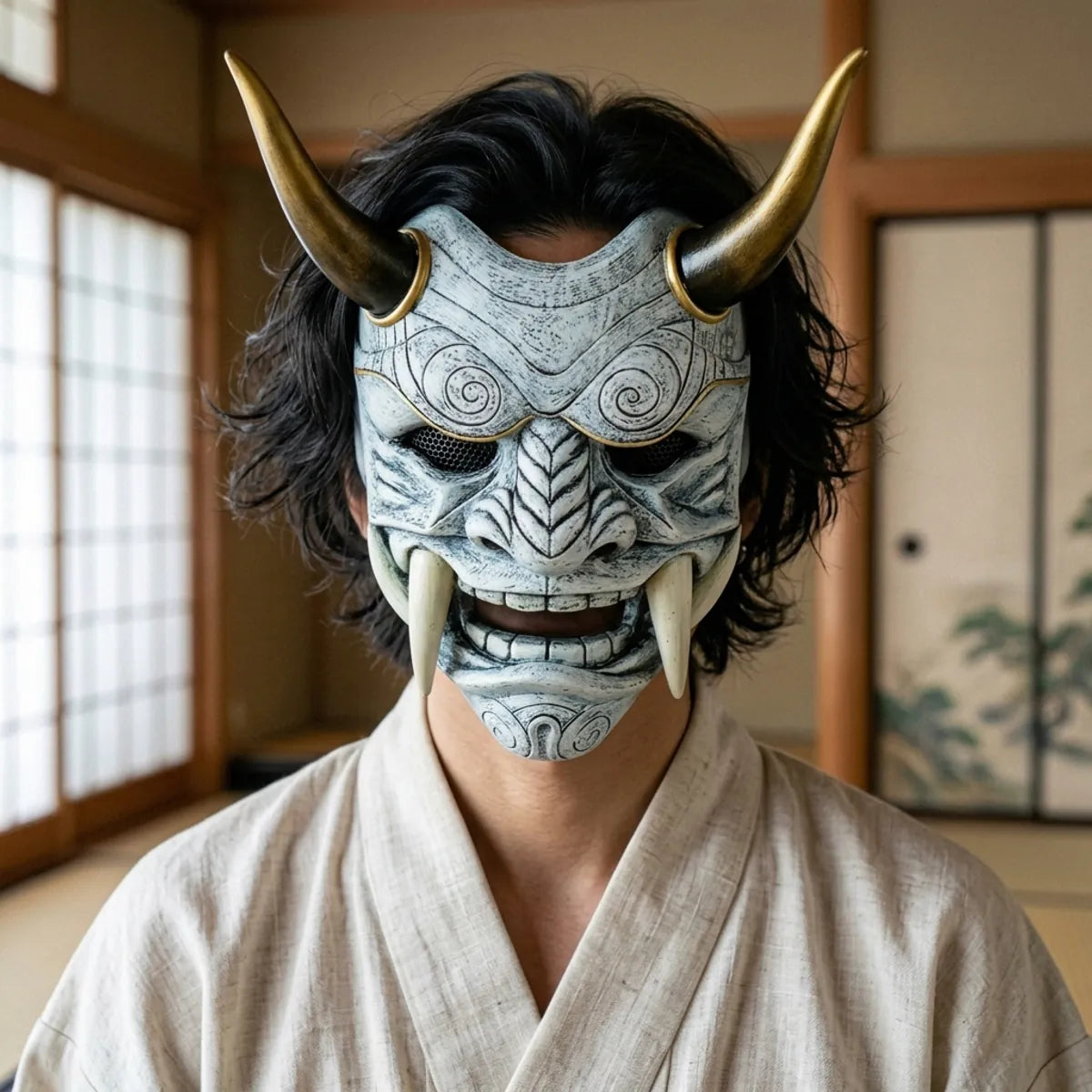 Close-up of the white horned demon mask with gold horns and ivory fangs, worn in a Japanese tatami room