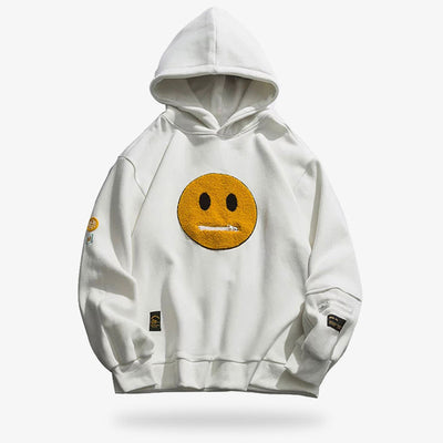 A white japanese hooie with a smiley. Japanese sweatshit material is high quality cotton