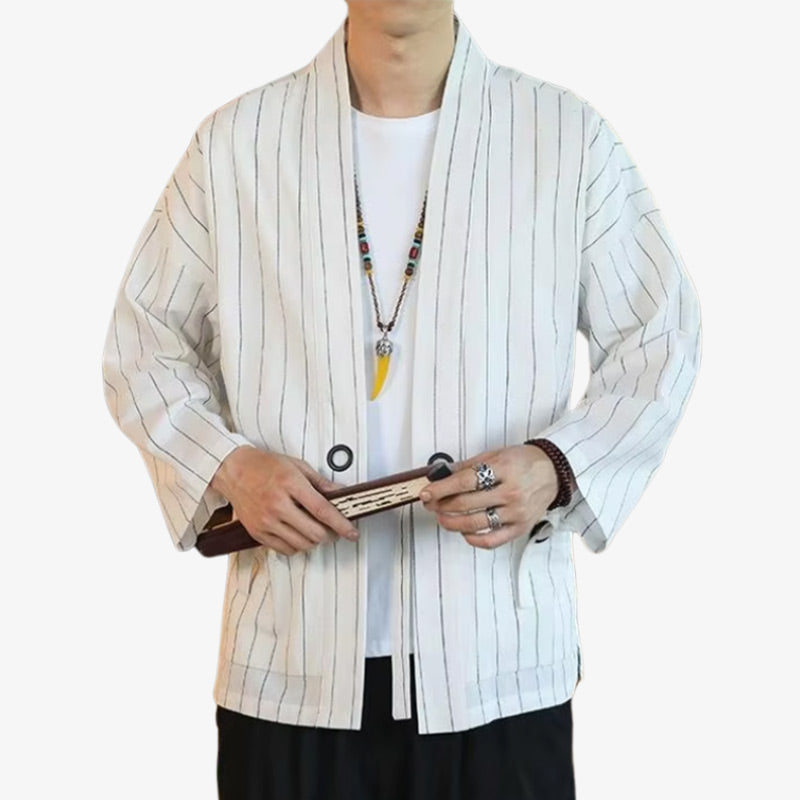 White kimono jacket inspired by traditional Japanese haori, featuring a minimalist and elegant design, perfect for modern layering with a cultural touch.