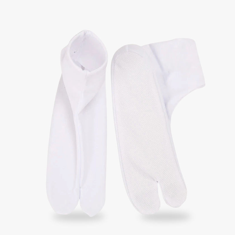 A pair of white Japanese tabi socks with a split toe design, displayed against a white background.