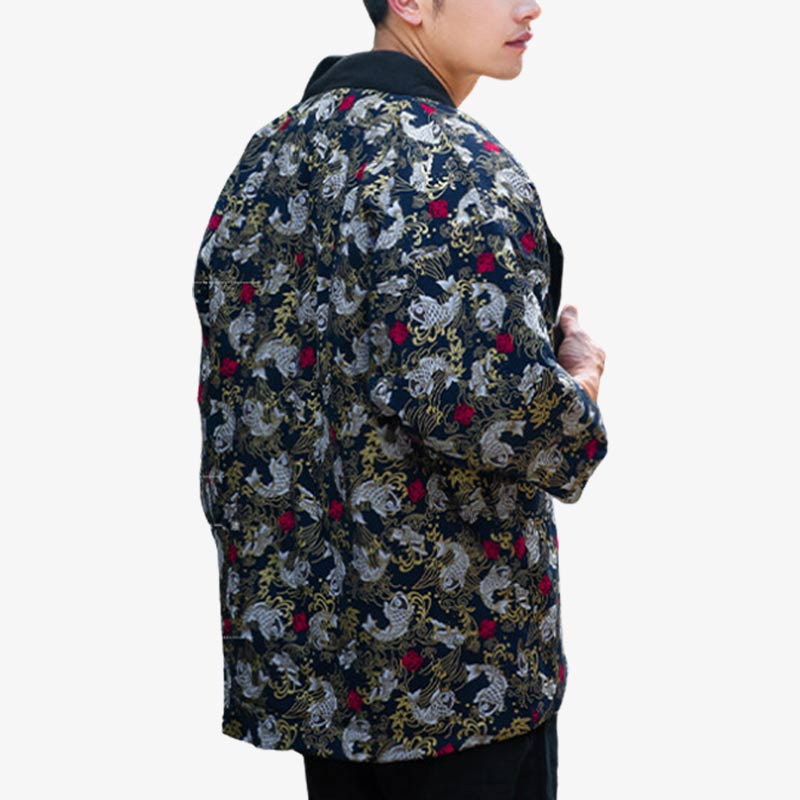 a person wearing a winter hanten jacket with traditional carp koi pattern printed on the quality cotton fabric