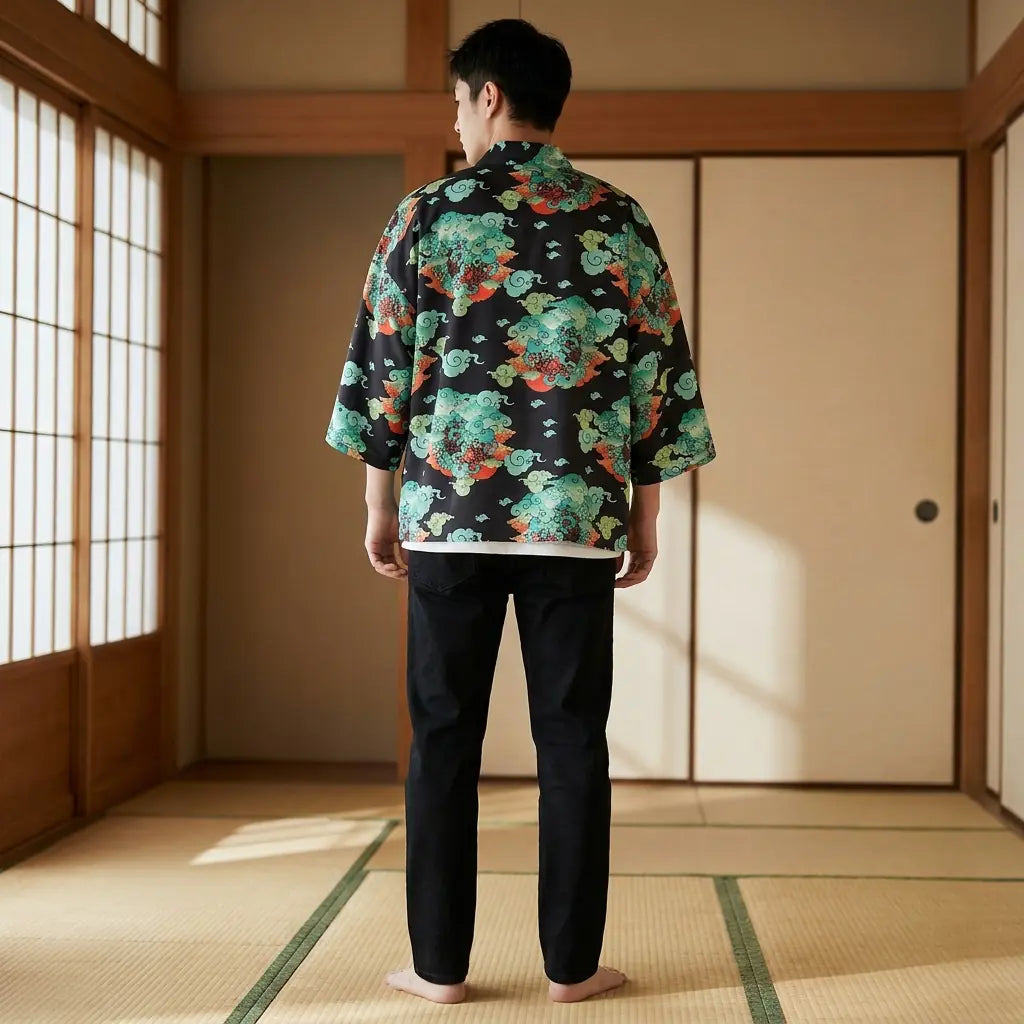 Back view of a haori streetwear in a washitsu room, showing the full back design